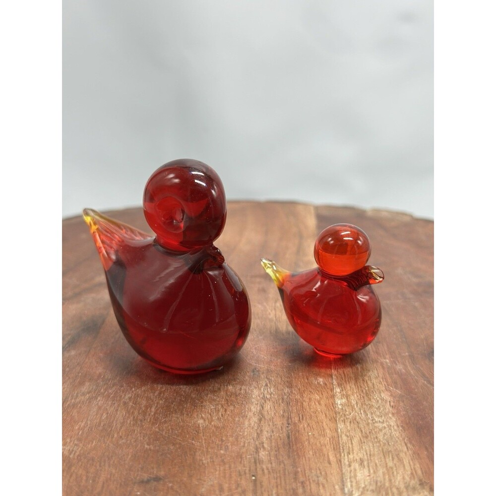 Art Glass Amberina UV Glow Cardinal Birds Paperweight